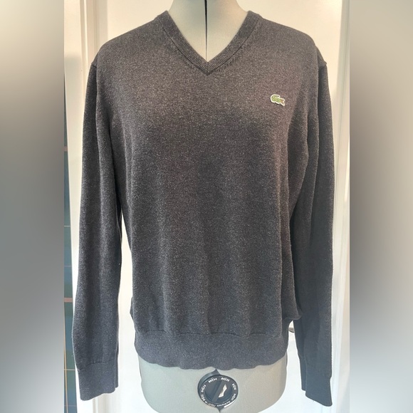 Lacoste Classic Cotton V-Neck Sweater, charcoal grey, szL, EUC - Picture 2 of 10